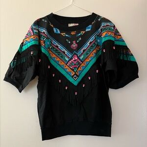Black and Multicolor Fringe Women's Top